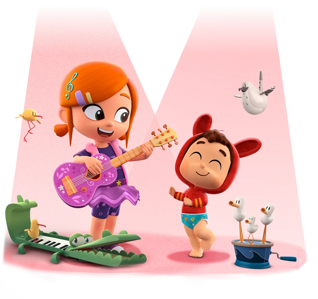 Lea toca su guitarra morada y su hermano Pop baila bajo los focos, con Crocopiano y sus juguetes musicales