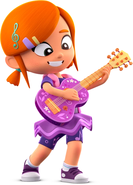Lea, una niña pelirroja con un pasador en forma de clave de sol, tocando su guitarra morada